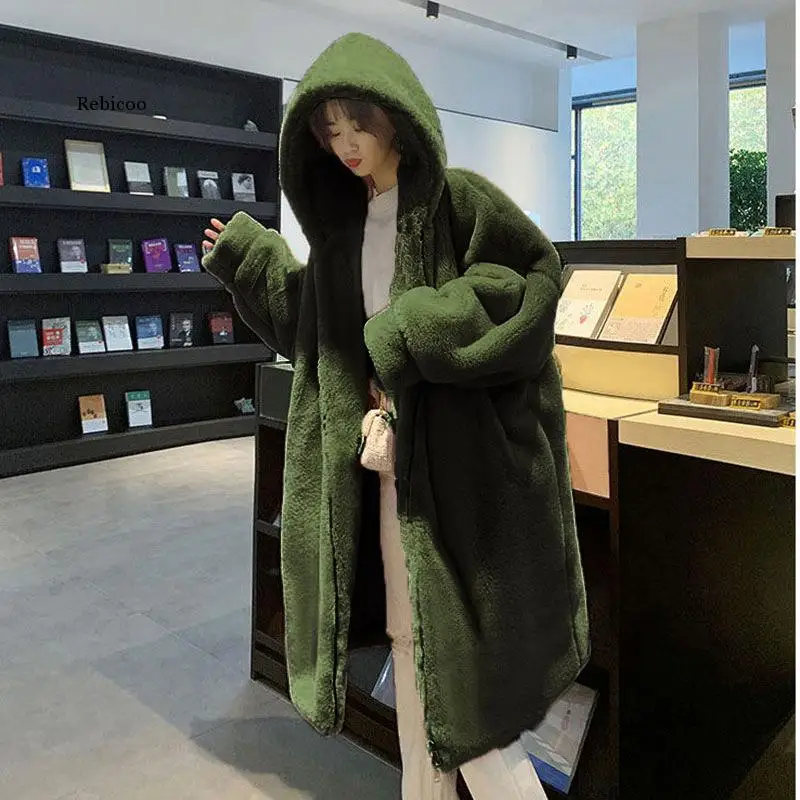 Winter loose warm casual faux fur coat mid-length hooded Korean style elegant and beautiful plush coat simple and fashionable