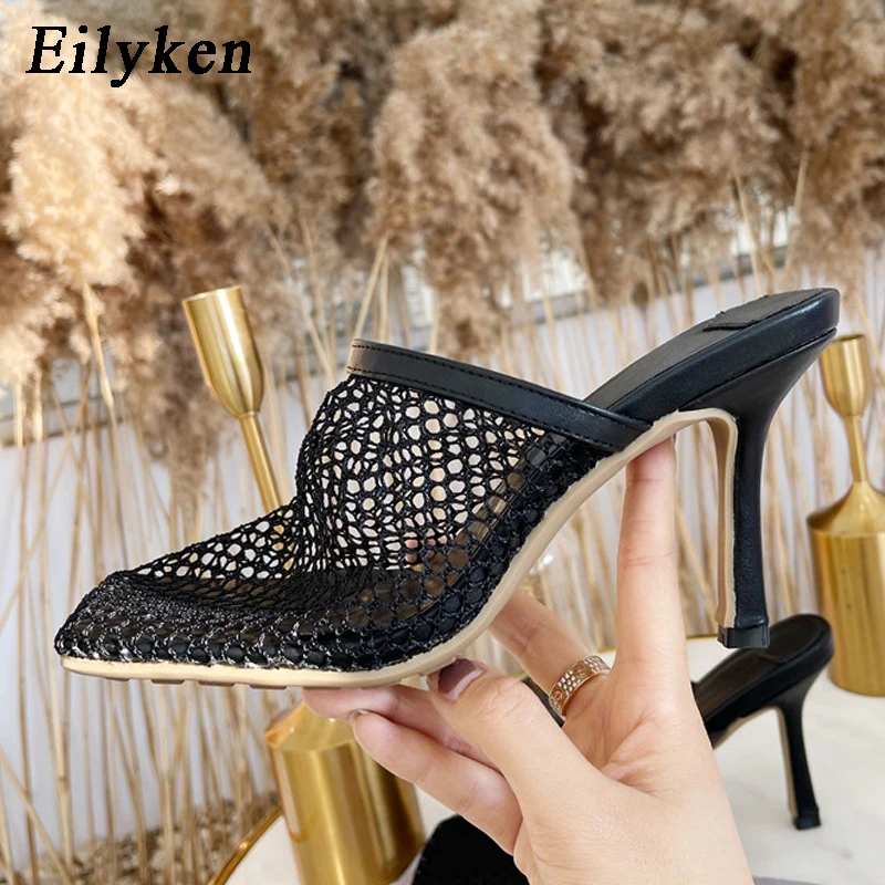 Eilyken 2024 New Hollow Breathable Mesh Woman Thin High Heels Slippers Summer Vintage Square Toe Mules Femme Shoes Pumps Sandals