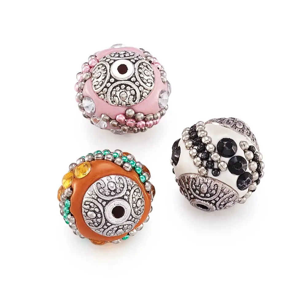 10pc 15mm Round Handmade Indonesia Beads with Rhinestones and Alloy Cores Metal Color Mixed Color for DIY Jewelry