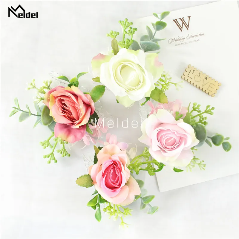 

Bride Corsage Artificial Flowers Wedding Party Flower Men Boutonniere Decor Bridesmaids Wristband Flower For Wedding Accessories