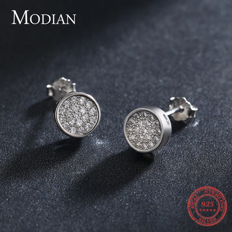 MODIAN Solid 925 Sterling Silver Round Simple Exquisite Clear CZ Buttons Stud Earrings For Women Girls Anti-allergy Fine Jewelry