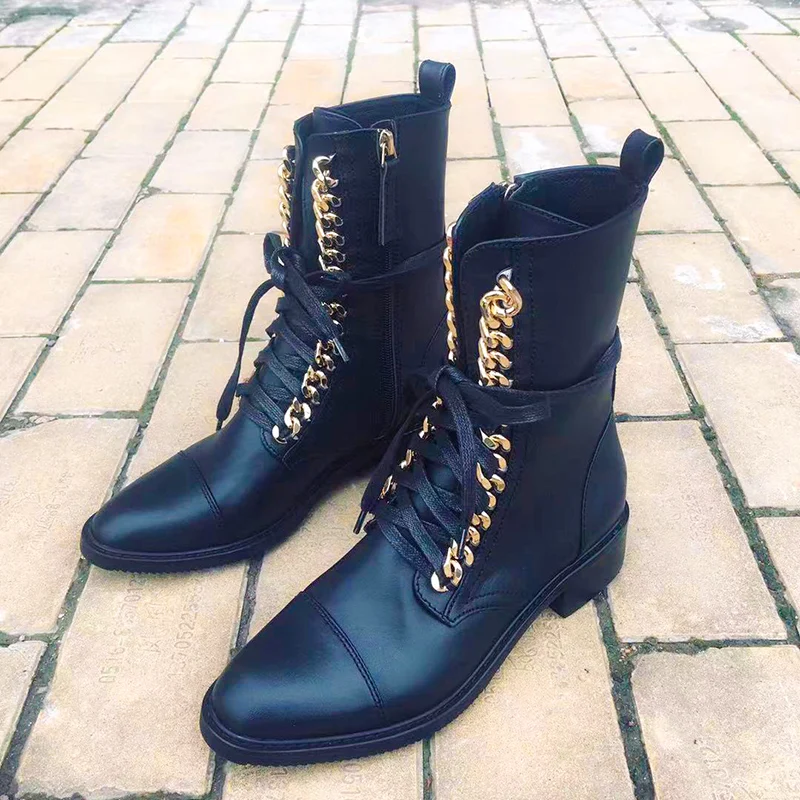 High Quality Martin Mid Calf Boots Women top Cowhide Straps Winter Golden Chain Real Leather Chelsea Causal Shoes Female Botas