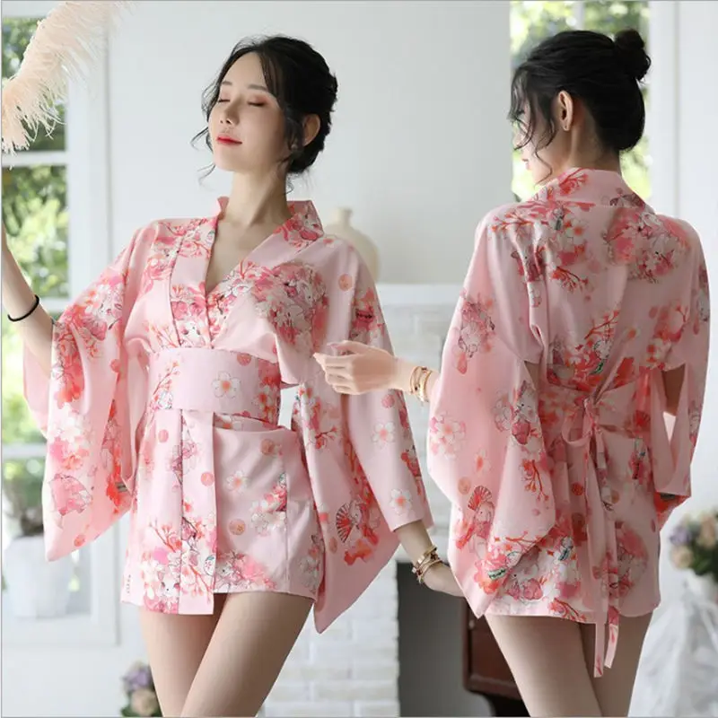 2020 abito in Chiffon giapponese squisito Cardigan stampato accappatoio pigiama biancheria intima Sexy nuovo Kimono più maschera di volpe e ventaglio pieghevole