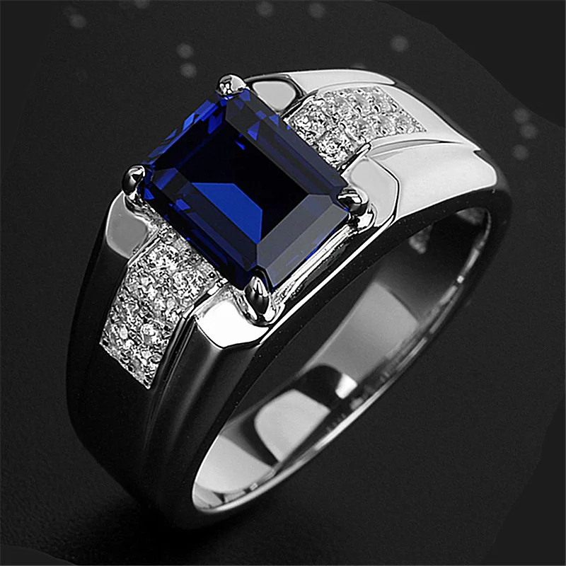 Business Men\'s Ring New Rectangular Blue Gem Ring Classic Personality  Men\'s Wedding Ring Cocktail Party Jewelry Birthday Gift