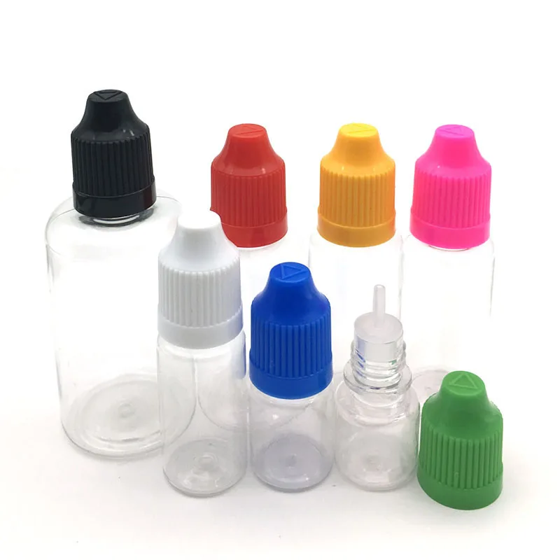 100pcs 빈 플라스틱 Dropper 병 3ml 5ml 10ml 20ml 30ml 50ml 100ml 애완 동물 바늘 유리 병 Childproof 모자와 긴 팁