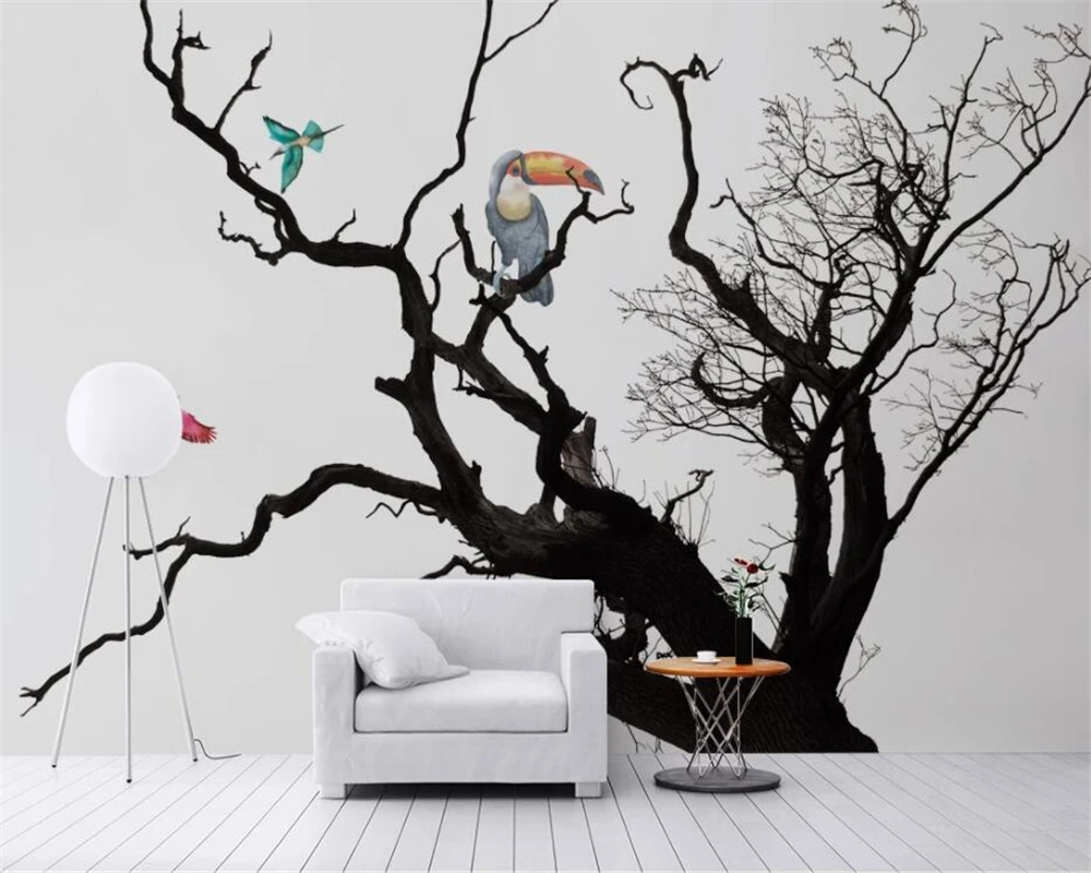 Custom wallpaper black and white tree bird background walls mural home decoration living room bedroom forest 3d wallpaper photo