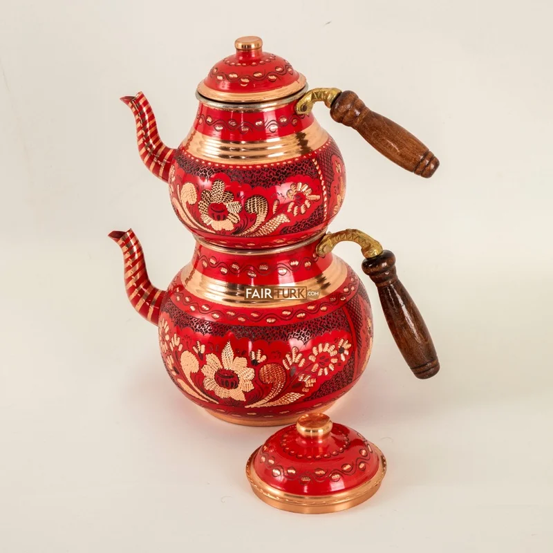 LaModaHome Handpainted Red Color Copper Turkish Tea Pot