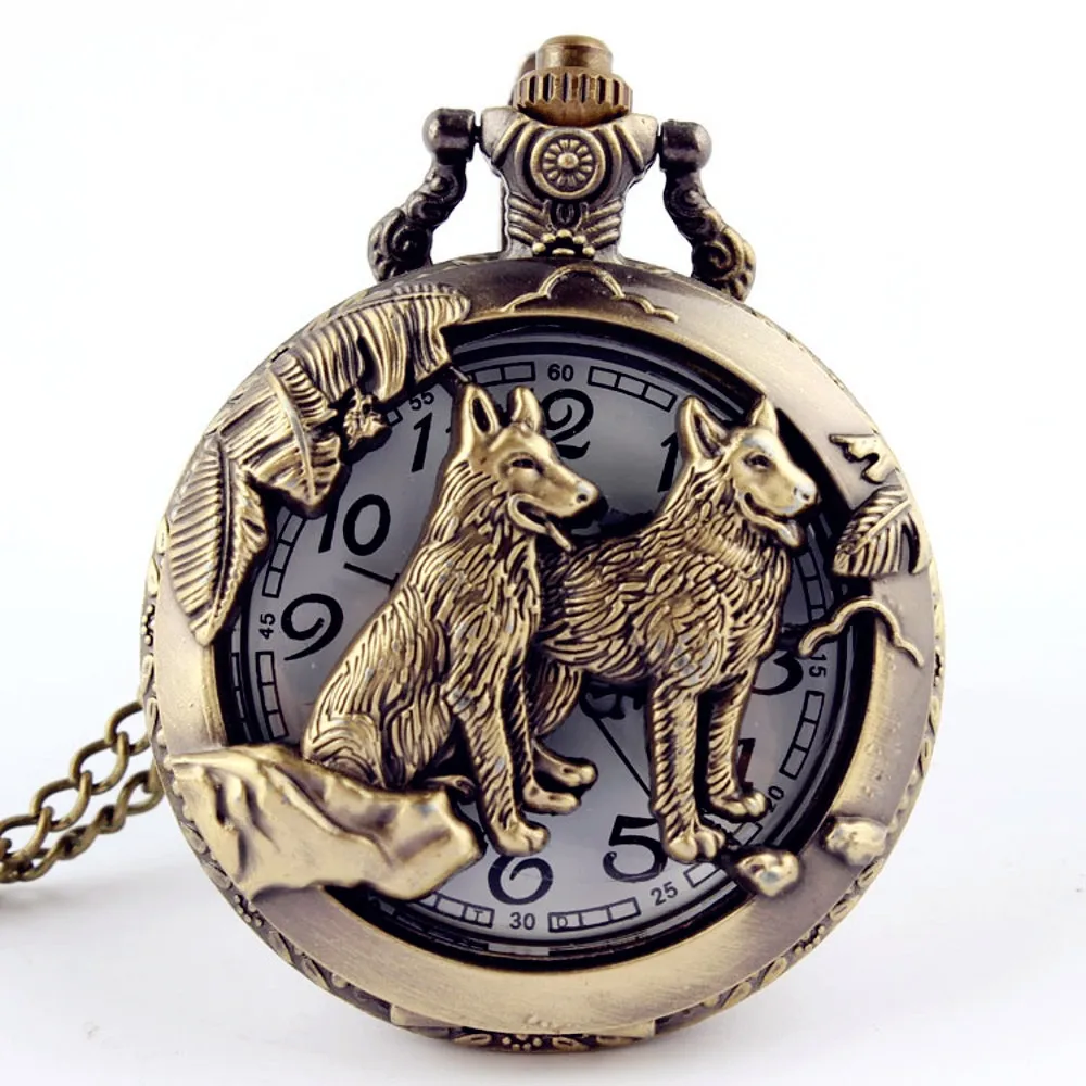 Retro Bronze Wolf Hollow Design Quartz Pocket Watch Mens Women Necklace Pendant FOB Chain Steampunk Pocket Watches Dropshipping