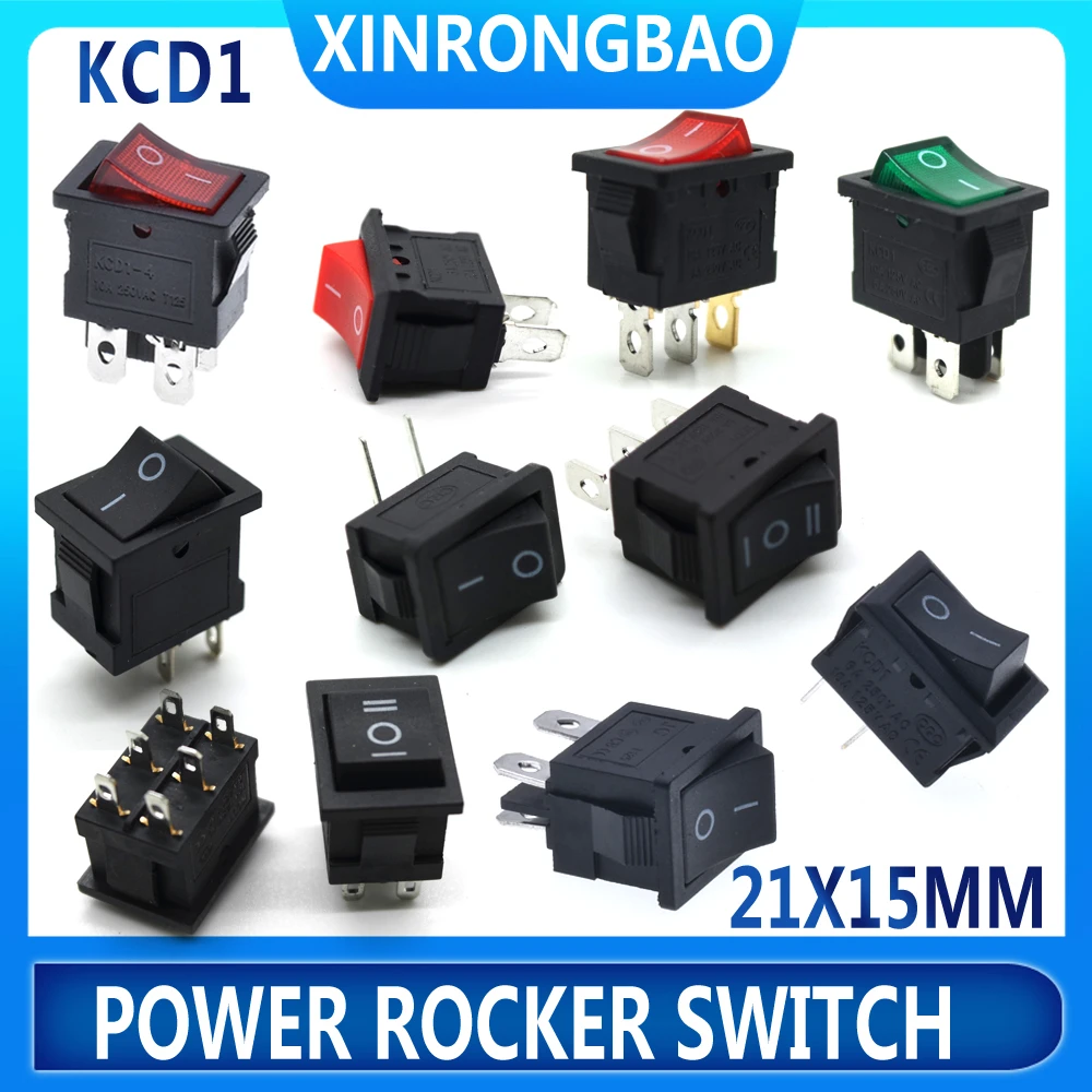 10PcsKCD1 Series 2/3/4/6 Pin Rocker Switch Power Switches 6A/10A250V125V 2/3 Position Black Button Mounting 15mm*21mm With light