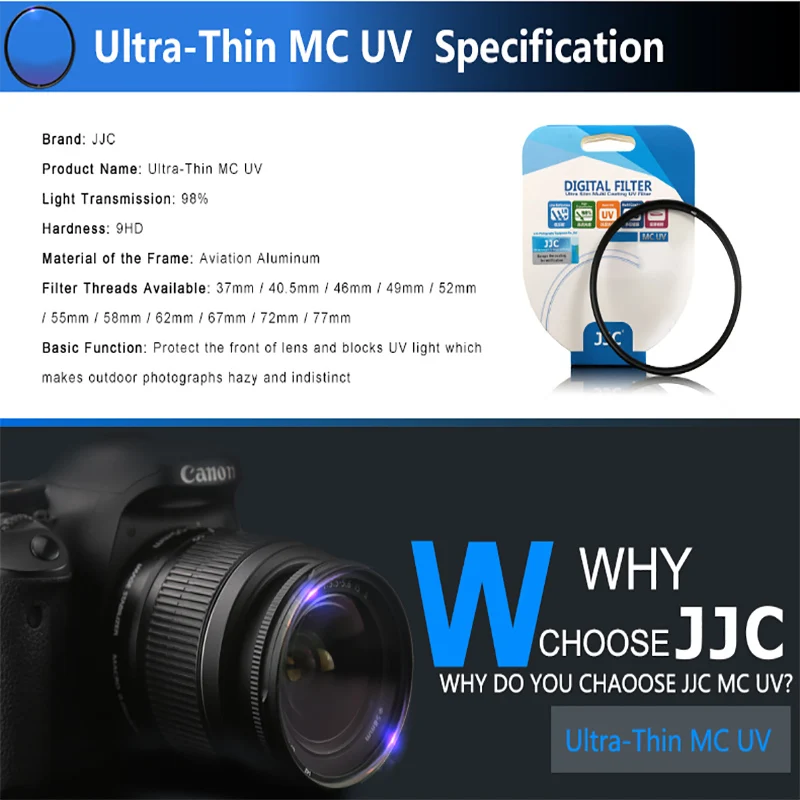 JJC Camera UV Filter MC Ultra Slim Multi Coated Lens Filter 37mm 40.5mm 43mm 46mm 49mm 52mm 55mm 58mm 62mm 67mm 72mm 77mm 82mm