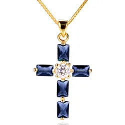 Sapphire gemtsones blue crystal cross pendant necklaces for women femme diamonds 18k gold color chain choker bijoux jewelry gift