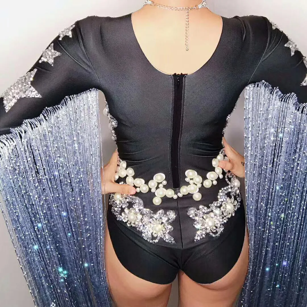 Star Pattern Printing Bodysuit Women Sparkling Rhinestones Pearl Long Fringes Bodycon Backless Performance Costume Ladies