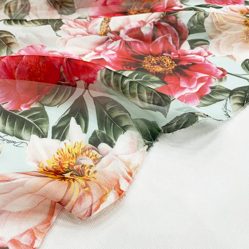 Italian Luxury Brand Letter Peony Print Fabric 100% Polyester Chiffon Fashion Design Fabrics Cloth for Dress by the Meter