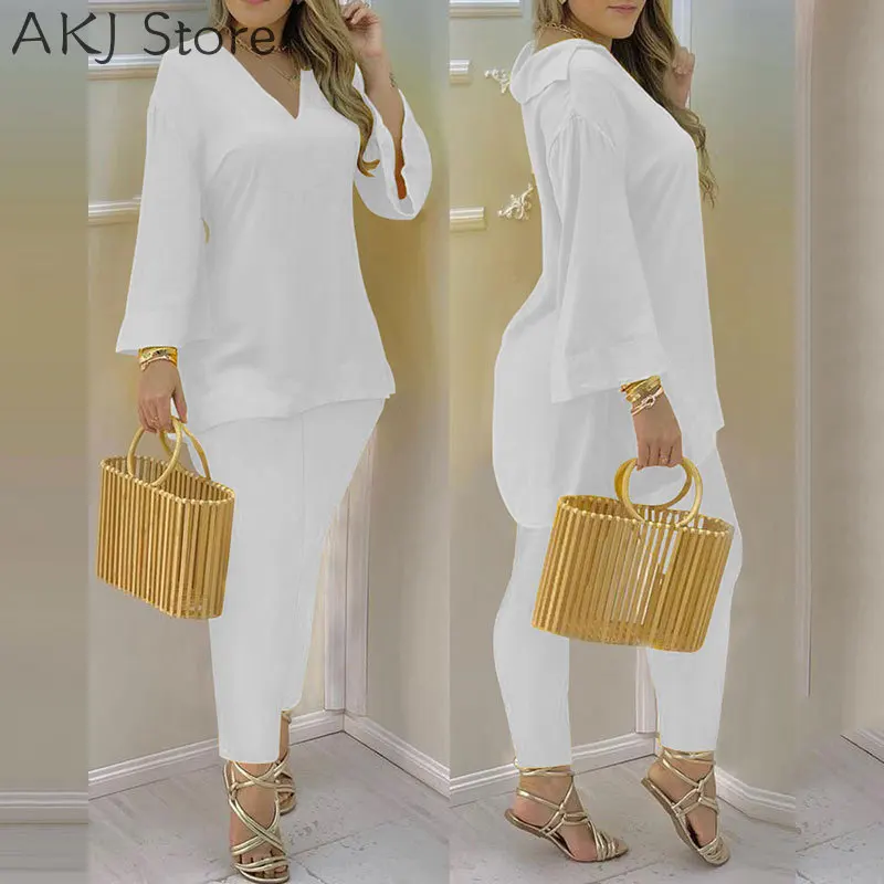 Summer Casaul Women Home Wear Solid Suit Sets Long Sleeve Plain Bell Sleeve V-Neck Top & Pants Set