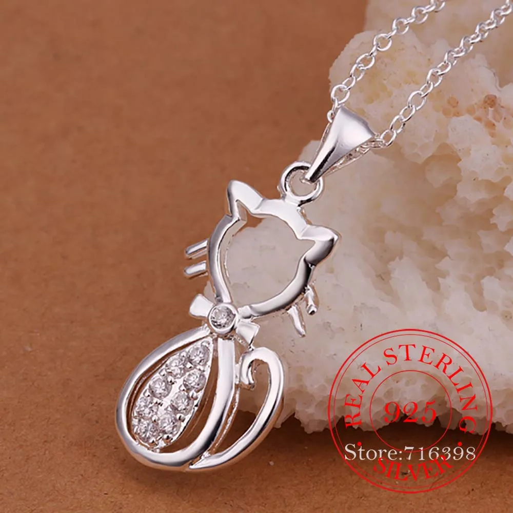 2020 Vintage Bijoux Luxury Crystal Cute Cat Statement Pendant Necklace for Women 925 Sterling Silver Fine Jewelry Accessories