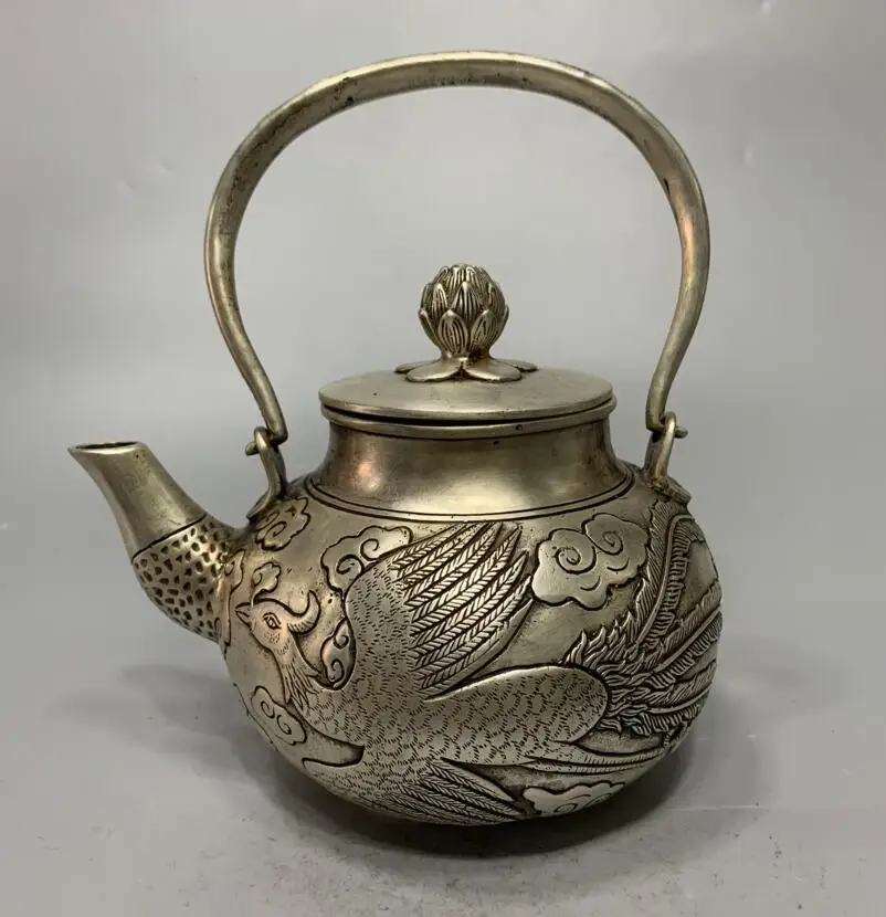 

China White copper archaize phoenix teapot crafts statue