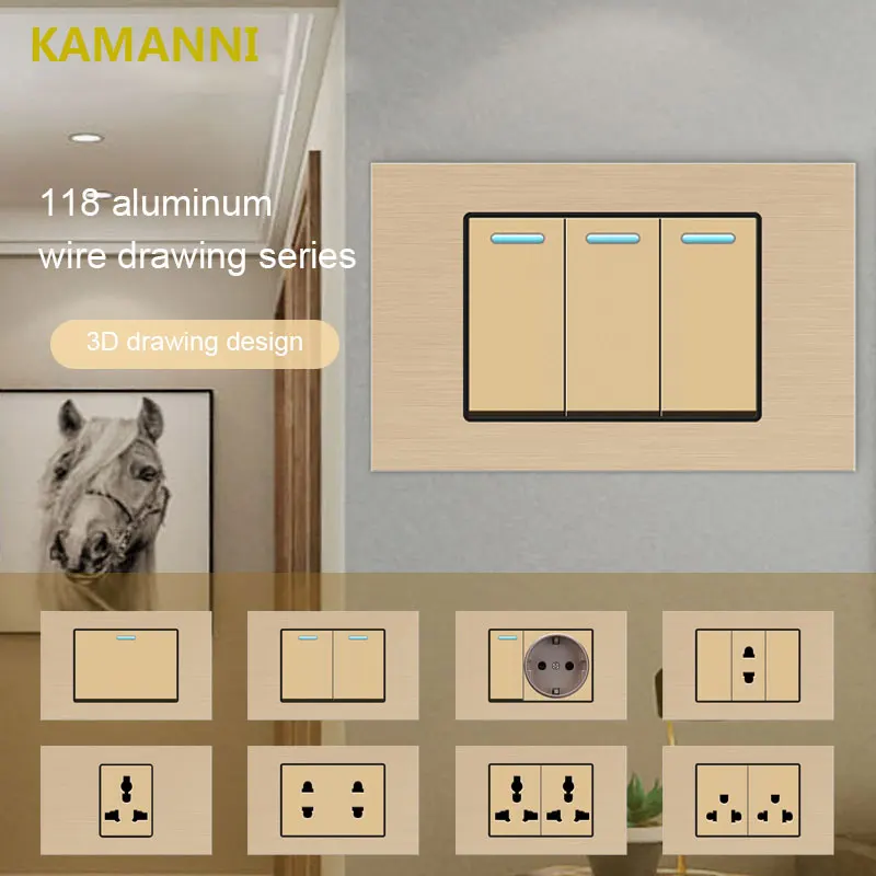 

KAMANNI Aluminum Wire Drawing Gold 118 Series Function Key Frame Combination Wall Switch Socket Button Light Switch