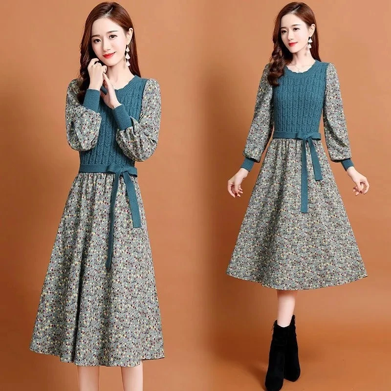 

Vintage Long Sleeve Floral Dress Women Korean Style Printing Fake Two-Piece Dress Female knit Patchwork A-line Party Dress