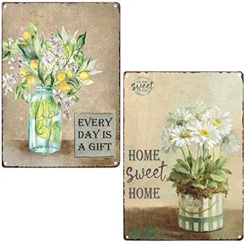 Chic Daisies Sweet Home Lemon Floral Vintage Tin Bar Sign Bathroom Wall Art Flower Painting Country Home Decor 2Pcs