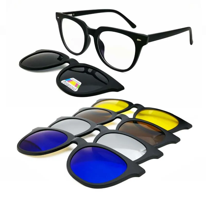 

One frame 5 clip on lenses square shape trendy prescription sunglasses with magnetic clipping polarized lenses