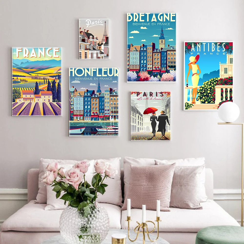 Travel Canvas Paintings Vintage Pictures Posters Retro France Couple in Love Paris Farm House Wall Picture Home Decoration Gift