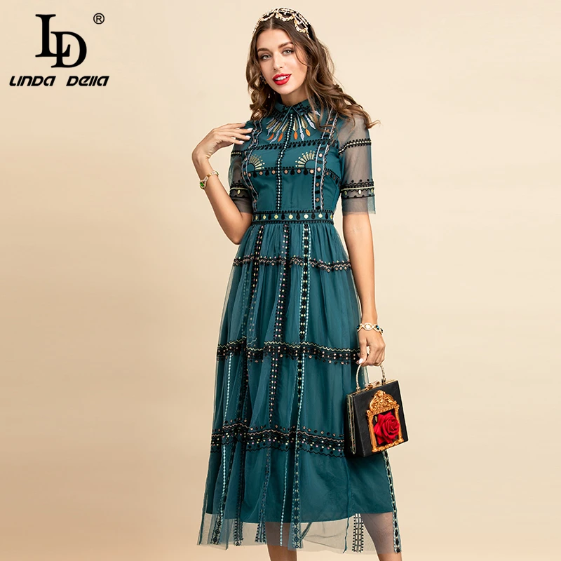 LD LINDA DELLA New 2022 Summer Fashion Runway Vintage Dress Women Half Sleeve Overlay Mesh Embroidery Elegant Long Dresses