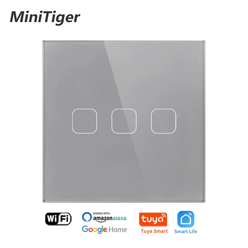 Minitiger Glass Panel EU/UK Standard 1/2/3 Gang Wall Light Touch Switch Tuya/Smart Life Wireless ControL Touch Light Switch