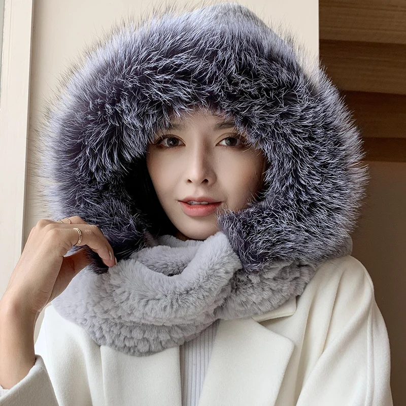 ZDFURS* winter real rabbit hats with sliver fox fur trim rabbit hair cap weaves with fox hood snow hat scarf hat fur hats