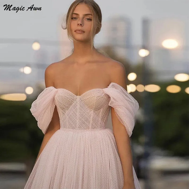 Magic Awn Light Pink Tea-Length Prom Dresses Off The Shoulder Tulle Short Evening Party Gowns A-Line Puffy Robe De Soirée 2024