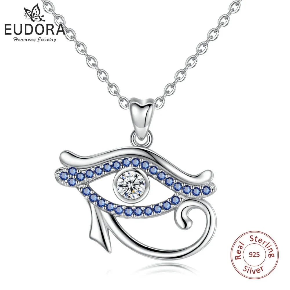 EUDORA 925 Sterling Silver Blue crystal Ancient Egypt Eye Of Horus pendant Necklace Luck Eye Fine Jewelry Birthday Gift D341