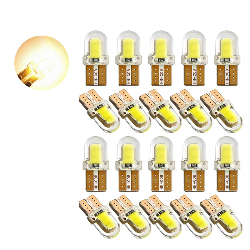 

20Pcs Yellow T10 168 194 W5W COB 4 Chips Silicone LED Car Bulbs For Clearance Lamps License Plate Lights 12V