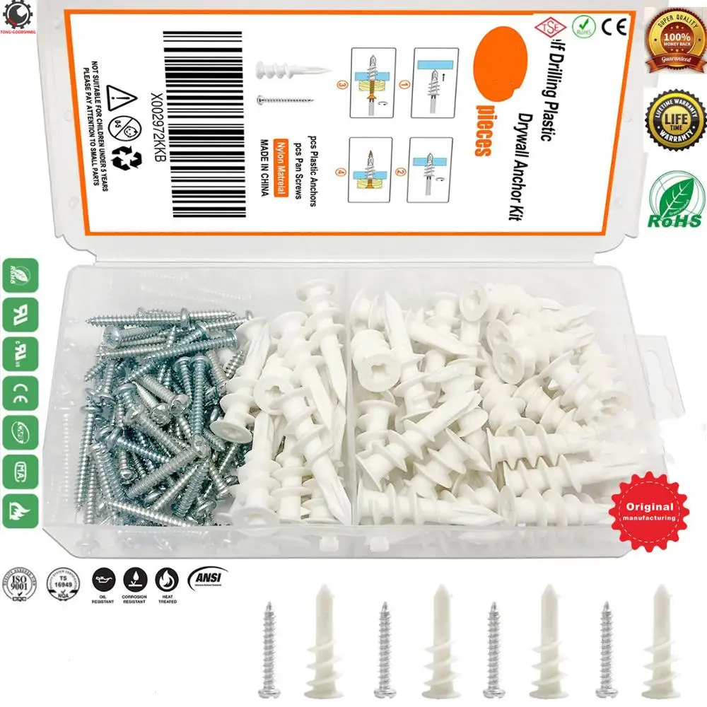 

Excellent Plastic Self Drilling Drywall Ribbed Anchors with Phillips Flat Head Self Tapping Screws Assortment Kit,Drywall Anchor