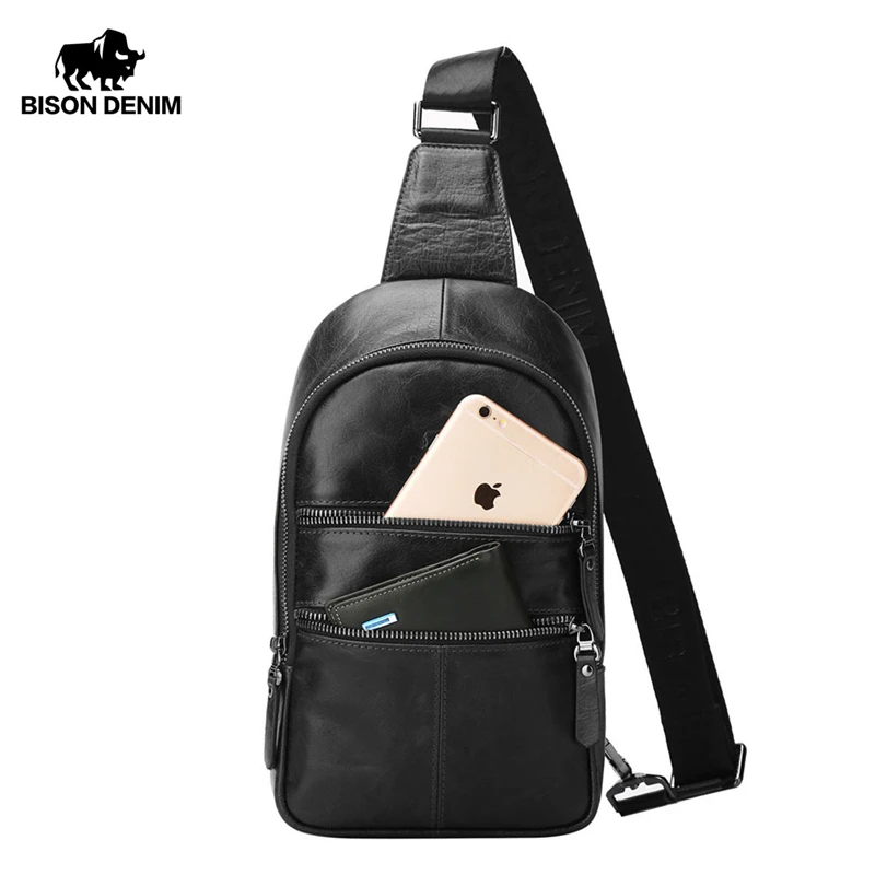 BISON DENIM Men\'s Genuine Leather Chest Bags Men Multifunctional Shoulder Messenger Bags Male Sling Pack Crossbody Bag W2445