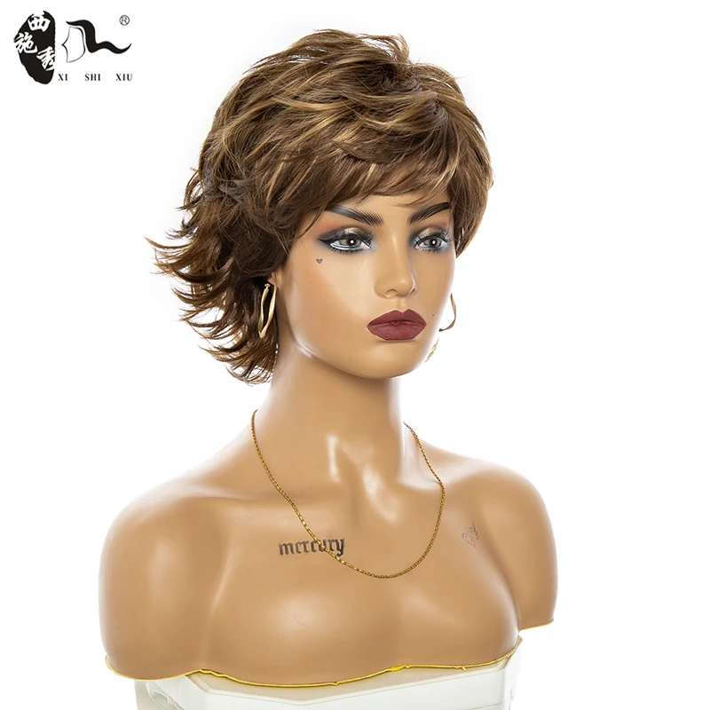 Short Mixed Blonde Brown Synthetic Wigs With Bangs For Women Heat Resistant Fiber Natural Wavy Pixie Cut Hair Wigs XISHIXIUHAIR