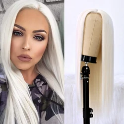 White Hair Color Lace Wig Long Straight Hair Wigs Platinum Blonde Heat Resistant Fiber Hair Synthetic Lace Wigs