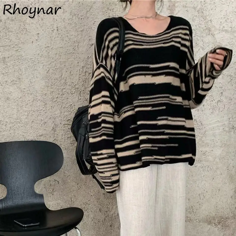 

Pullovers Women Loose O-neck Fashion Aesthetic Minimalist Striped All Match Ladies Leisure Full Sleeve Lazy Spring Knitted Ins