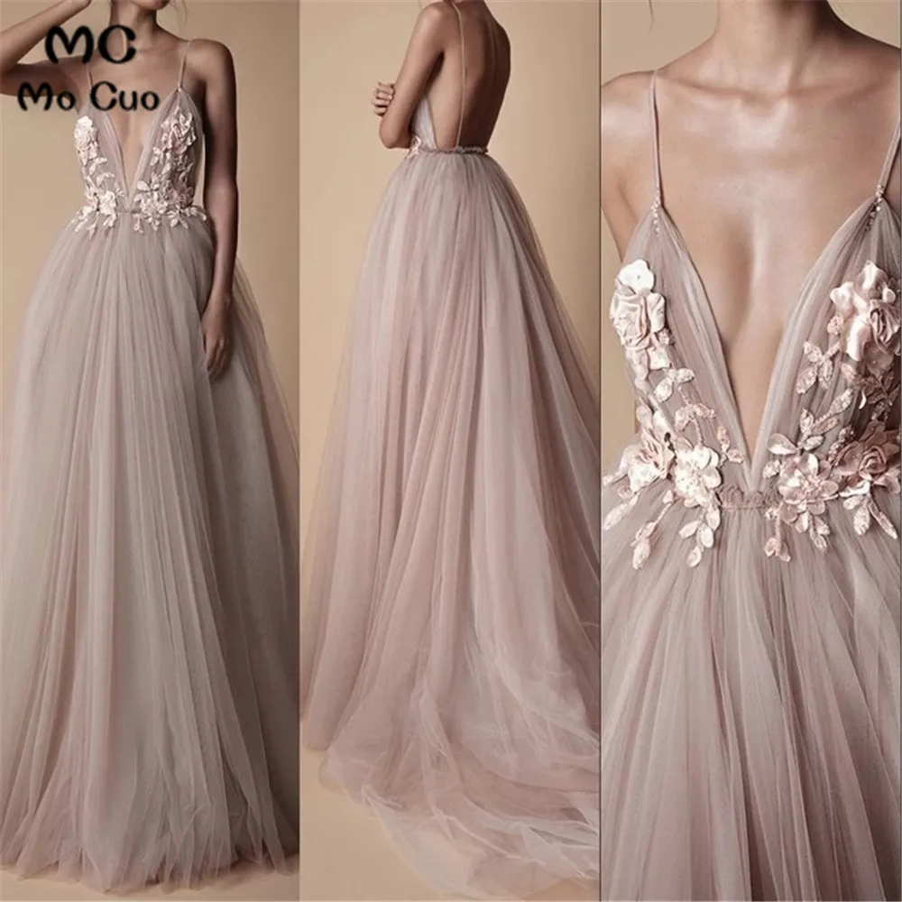 

Sexy Dusty Pink Evening Dresses Long Prom Dresses Deep V-Neck Spaghetti Straps Robe De Soiree Tulle Formal Evening Dresses