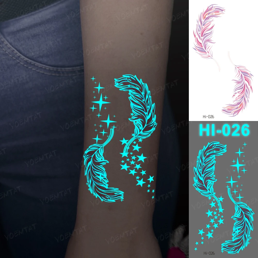 3D piuma blu tatuaggi luminosi stelle ali farfalla trasferimento carino impermeabile tatuaggio temporaneo adesivo uomo donna incandescente Tatto