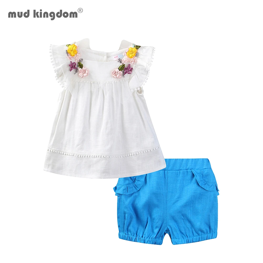 

Mudkingdom Cute Summer Girls Outfits 3D Flowers Ruffled Tassel Sleeveless Tops and Linen Short Set for Girls Clothes Suit