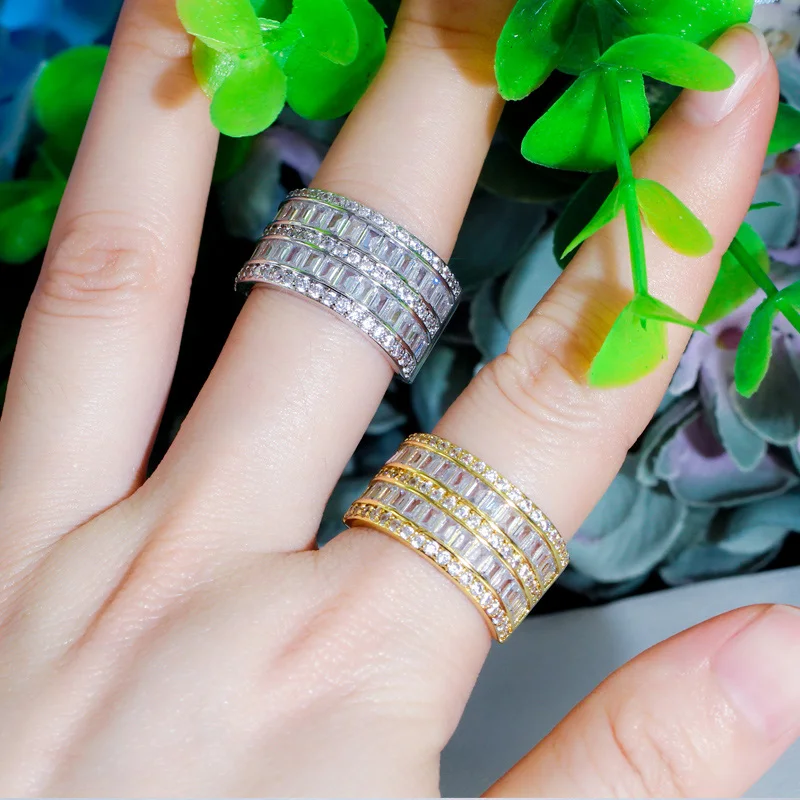 

CWWZircons 2 Row Gorgeous Cubic Zirconia Pave Yellow Gold Silver Color Big Rings for Women Engagement Wedding Band Jewelry R155