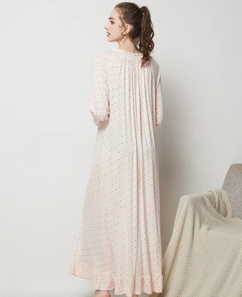 Fdfklak Spring Autumn Modal Nightgown Women Print Sleep Dress M-XXL Plus Size Loose Homewear Long Sleeve O-Neck Nightdress