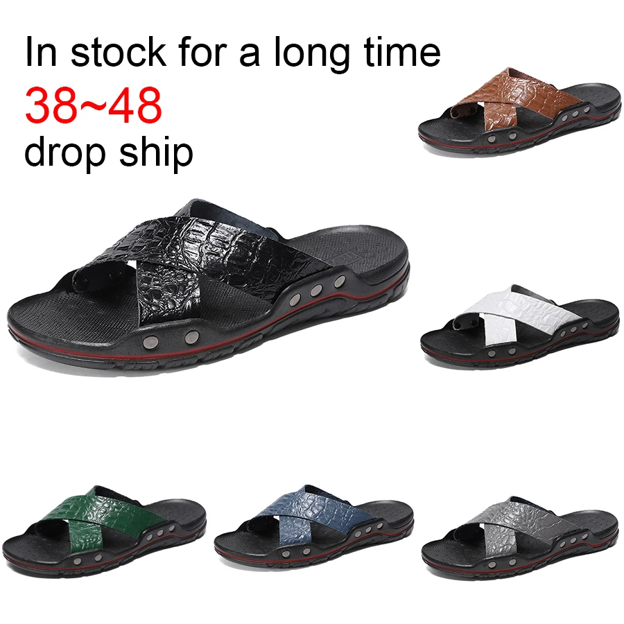 Genuine Leather Slippers Men Shoes Summer Mens Bathroom 38~48 Slipper Male Beach Sandals Fashion Home Slippers Floor Flip Flops