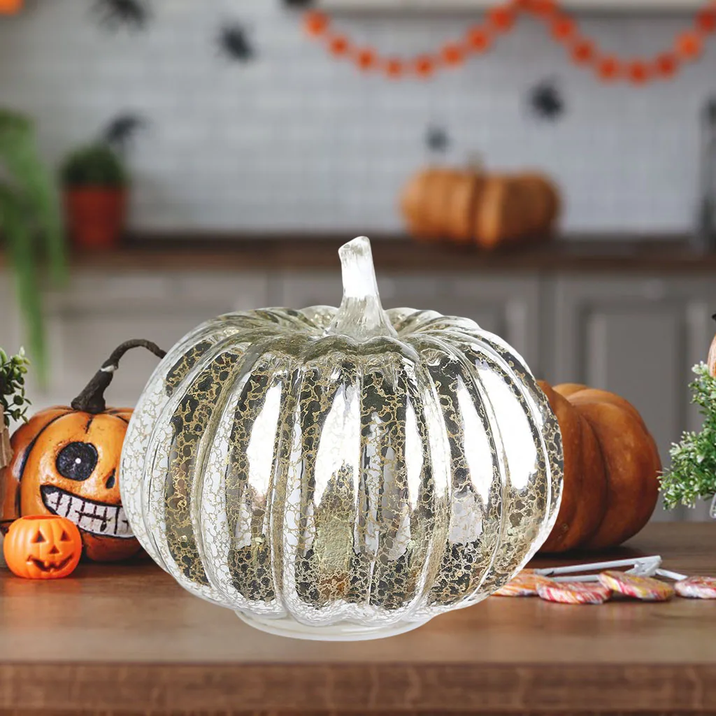 Glass Pumpkin LED Light Glowing Delicate Halloween Decorative Nightlight Party Supplies for Thanksgiving Halloween Decorations