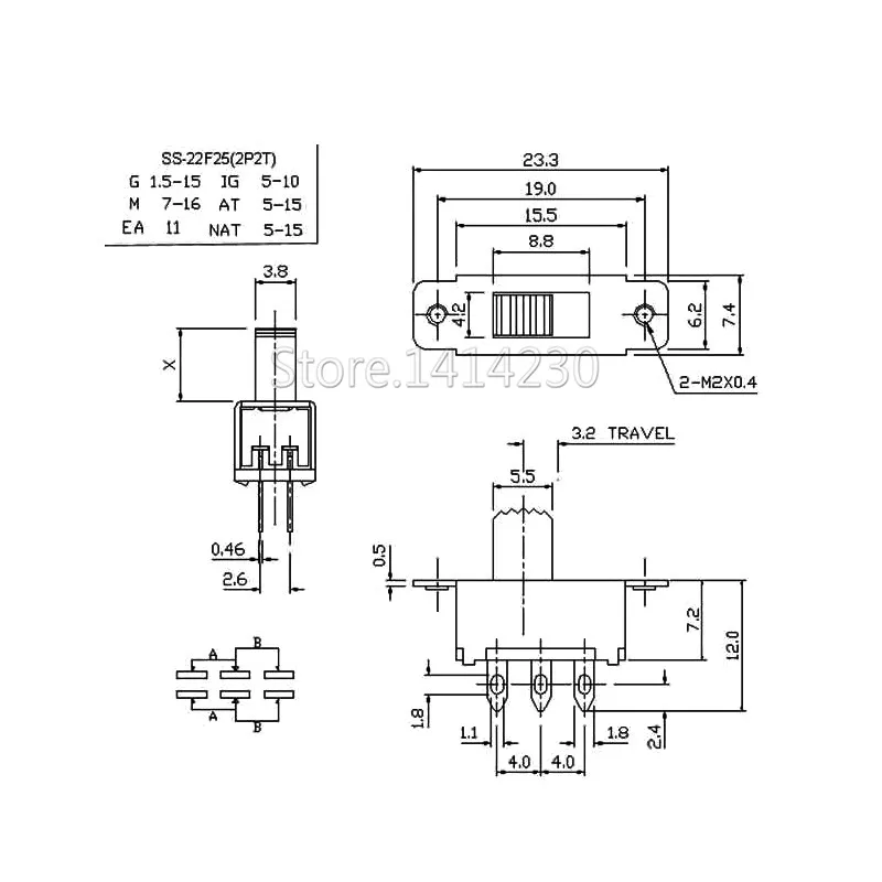 10Pcs Slide Switch 2 Position 6 Pins With Fixed Hole Handle High 7mm DPDT 2P2T SS22F25G7 SS22F25-G7 Toggle Switch 125VAC