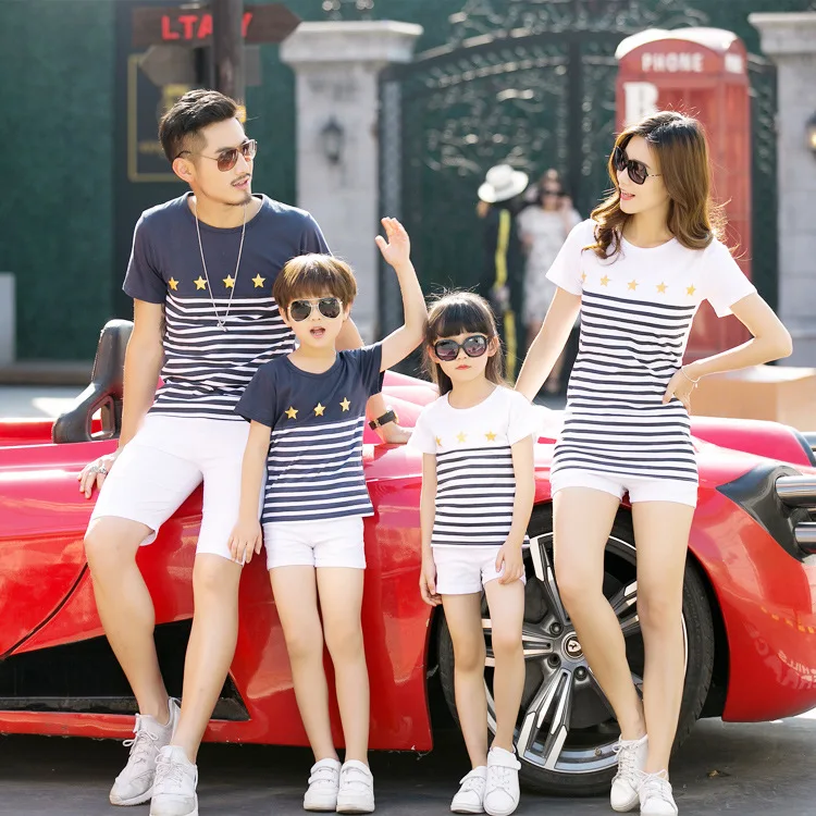 

Parent-child wear summer new striped suit a family of three high-quality cotton casual compassionate parent-child suit