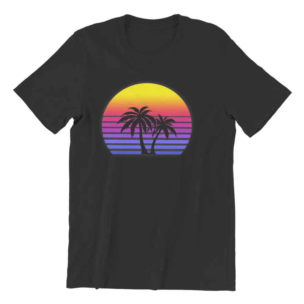 Beach Summer Sea TShirt for Men Synthwave Sun Palm Trees Essential Soft Leisure Tee T Shirt High Quality Trendy Fluffy