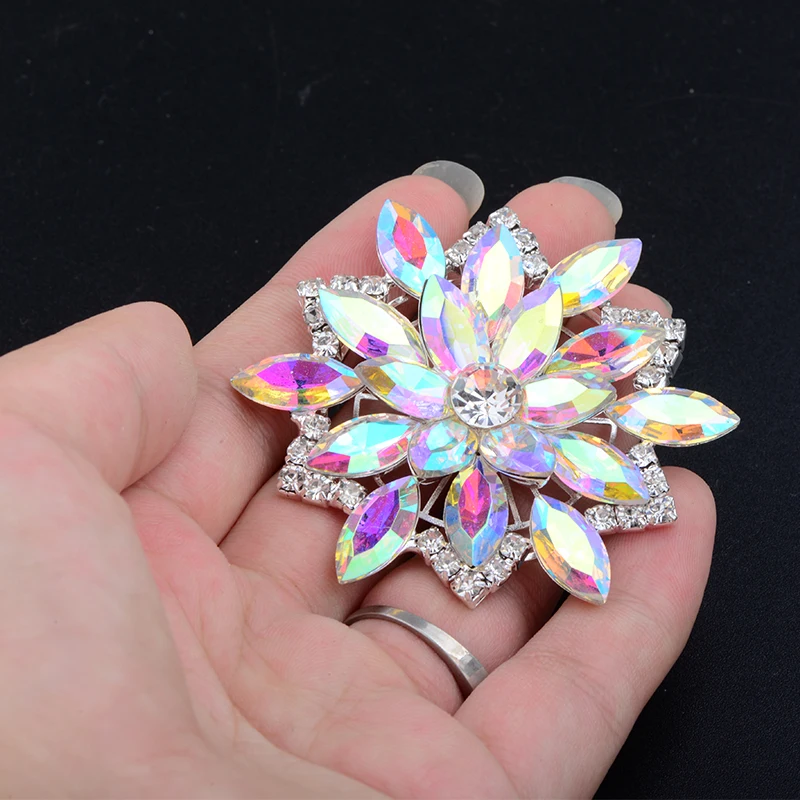 JUNAO 1pcs 50mm Crystal AB Large Zirconia Rhinestone Brooch Zircon Round Flower Crystal Applique For Jewelry Making Supplies