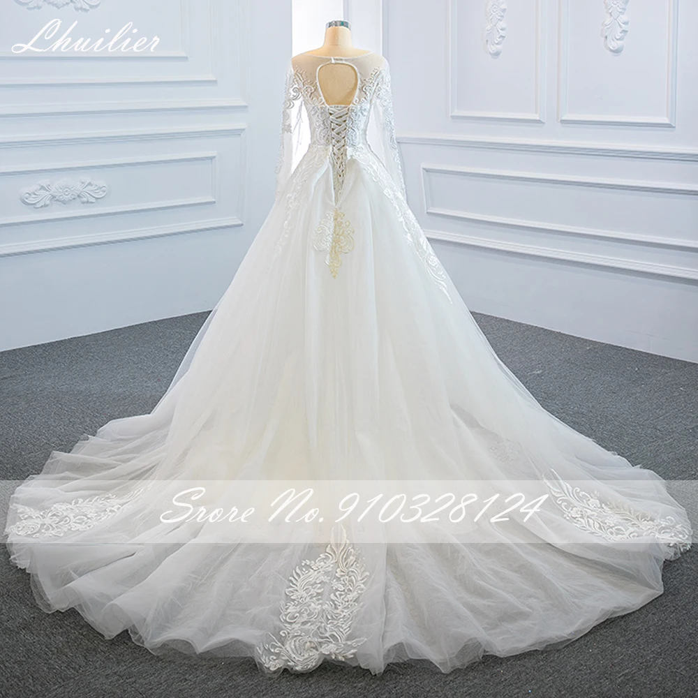 Lhuilier Customized Scoop Neck Mermaid Wedding Dresses Long Sleeves Beaded Floor Length Bridal Gowns with Detachable Train