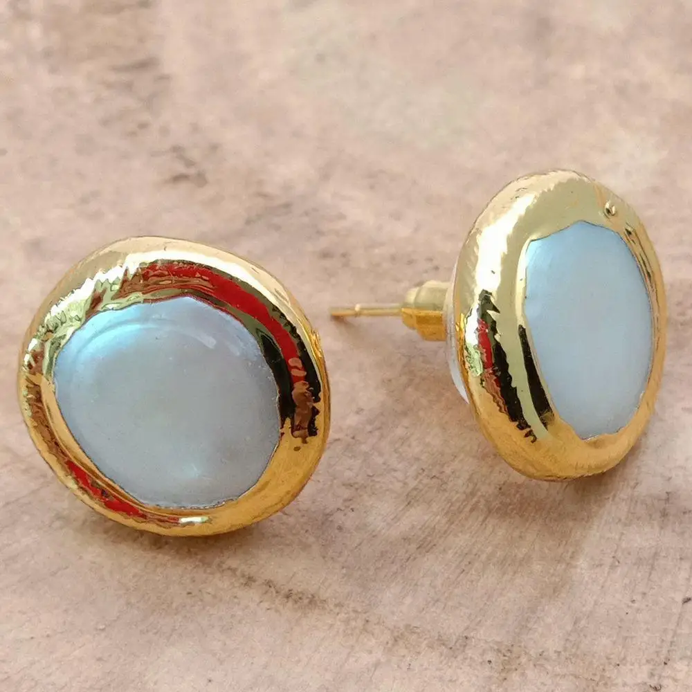 YYGEM Natural 15mm White Coin freshwaterPearl Gold Plated Stud Earrings trendy for women