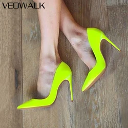 Veowalk Solid Yellow Green Patent Women Pointed Toe Stiletto Pumps Ladies Wedding Party High Heel Shoes Small Size 33 44  45